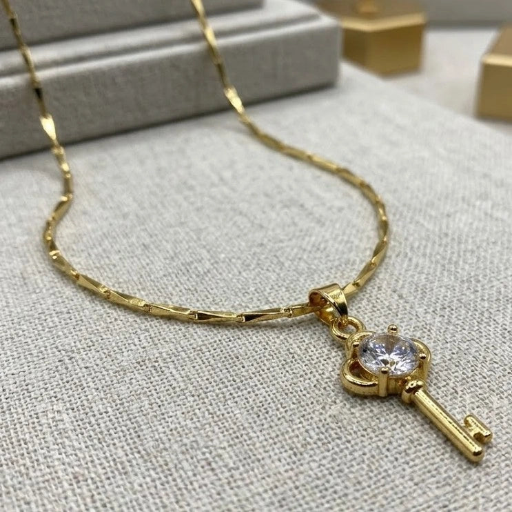 Anti-Tarnish Gold Plated Key Pendant Necklace - Minimalist Crystal