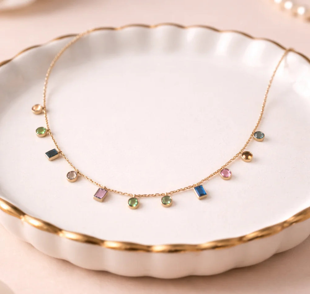 Rainbow Multi-Color Charm Necklace - Anti-Tarnish Gold Plated Dainty Chain