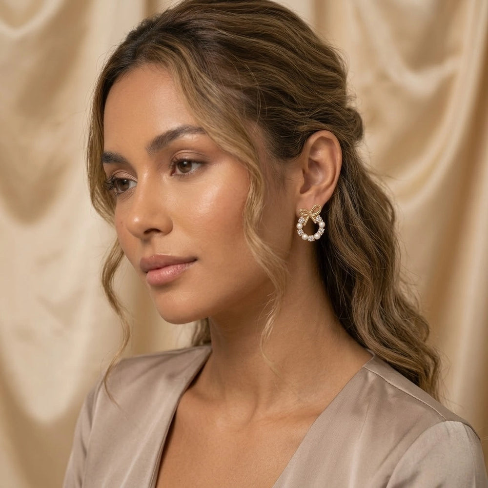 Pearl Bow Wreath Crystal Stud Earrings - Dainty Coquette Fashion Jewelry