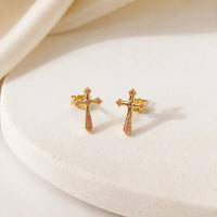 Pink Stone Cross Stud Earrings | Anti-Tarnish Gold Plated