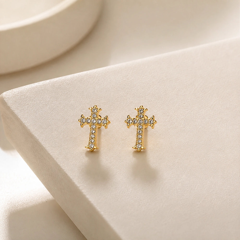 Crystal Cross Stud Earrings - Anti Tarnish Gold Plated | Minimalist Jewelry