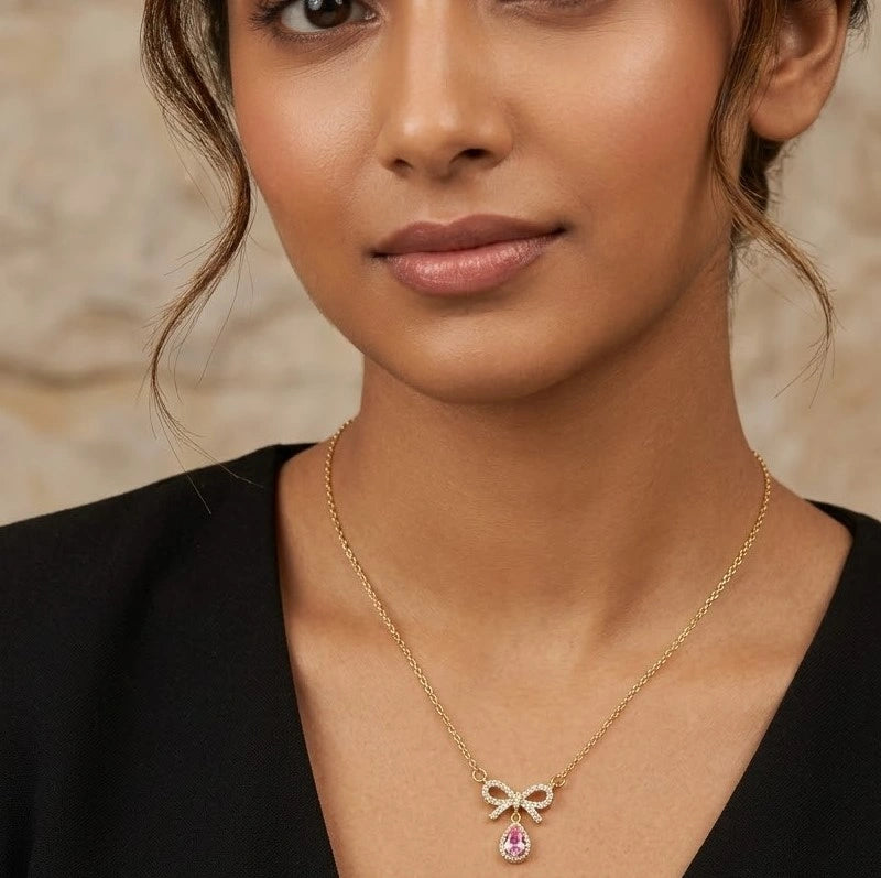 Coquette Bow & Pink Teardrop Necklace - Anti Tarnish Gold Plated