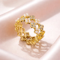 Gold Floral Pearl Adjustable Ring | Dainty Crystal Clover Fashion Ring