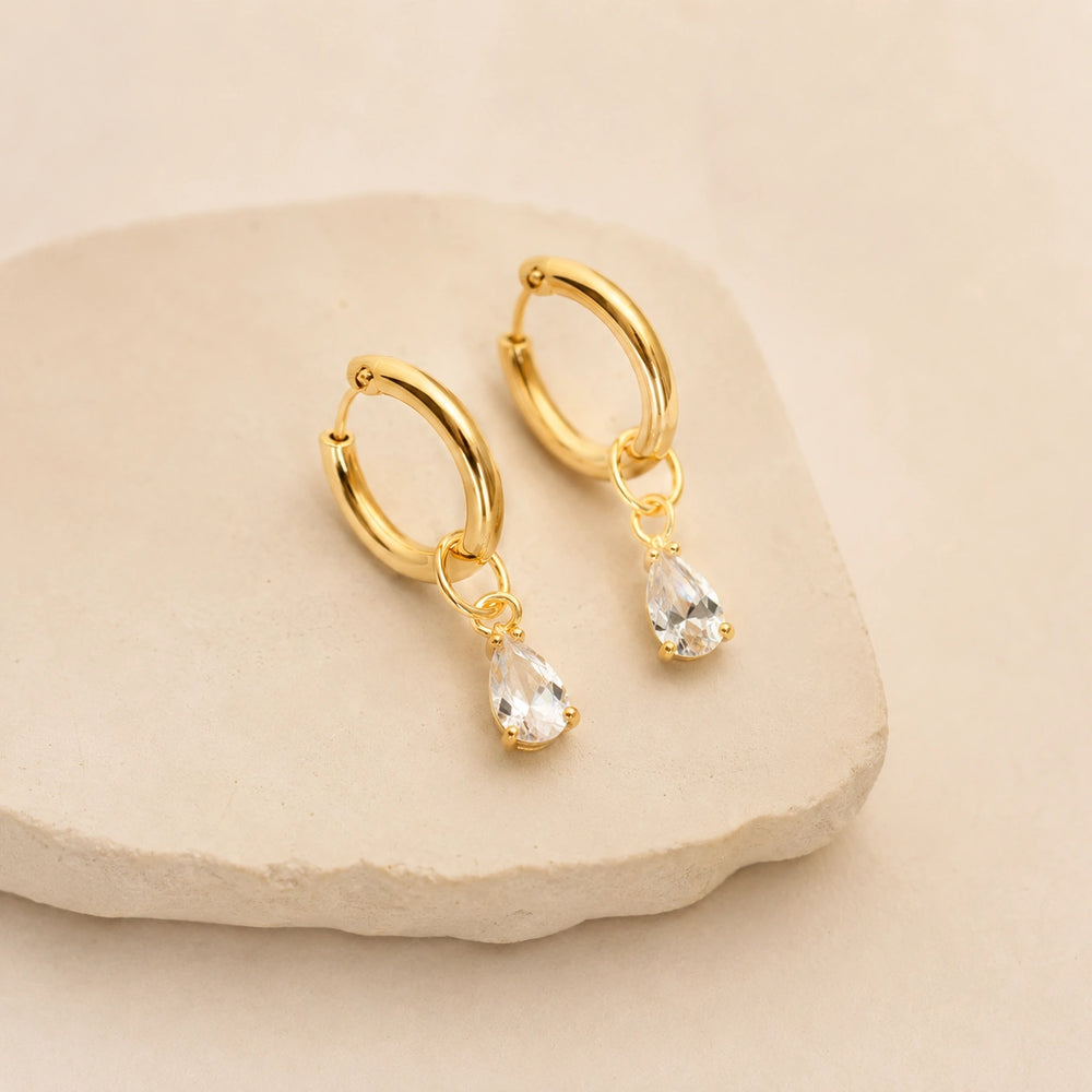 Crystal Teardrop Hoop Earrings - Anti Tarnish Gold Plated