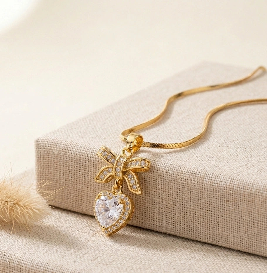 Anti-Tarnish Gold Plated Bow & Heart Pendant Necklace | Dainty CZ Jewelry