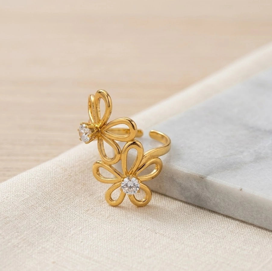 Double Floral CZ Ring - Anti-Tarnish Fashion Jewelry for Women