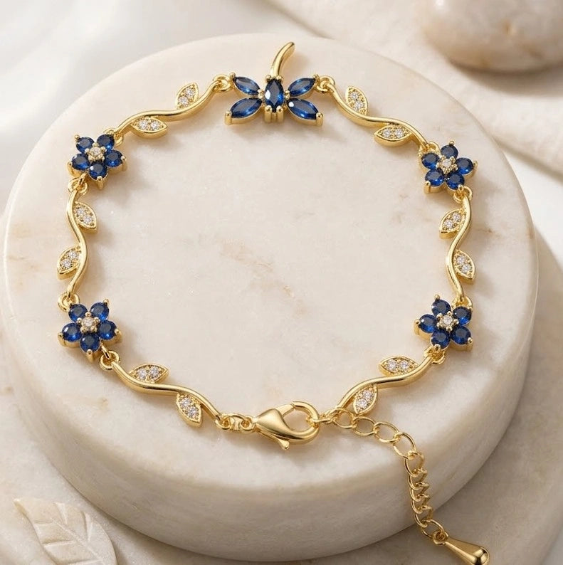 Tulip Dragonfly Blue Floral Anti Tarnish Gold Plated Bracelet