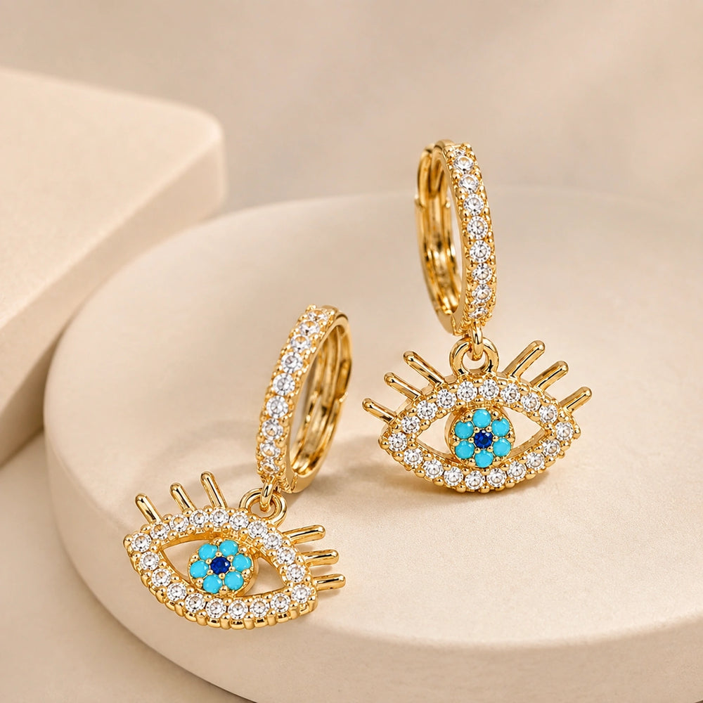 Evil Eye Dangle Hoop Earrings | Anti Tarnish Gold Plated | Minimalist Everyday Jewelry