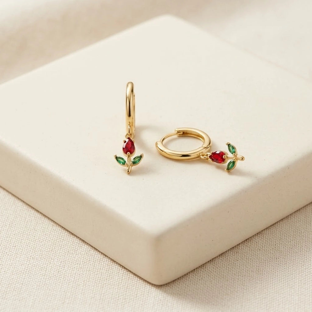 Red Tulip Flower Drop Hoop Earrings - Anti Tarnish Gold Plated