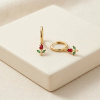 Red Tulip Flower Drop Hoop Earrings - Anti Tarnish Gold Plated