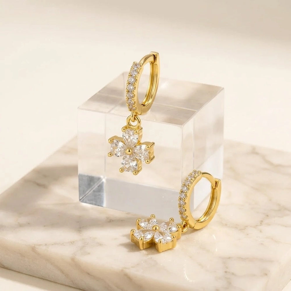 Crystal Flower Dangle Earrings - Anti Tarnish Gold Plated