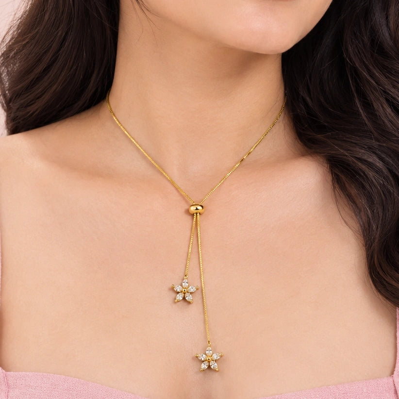 Dainty Floral Lariat Y-Necklace - Anti-Tarnish Gold Plated