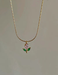 Pink Tulip Pendant Anti-Tarnish Gold Plated Necklace - Minimalist Aesthetic
