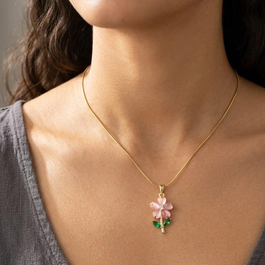 Pink Flower Pendant Necklace - Anti-Tarnish Gold Plated | Moncheri Jewels
