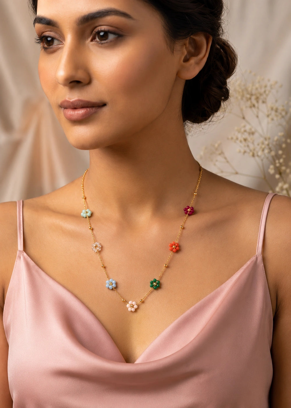 Multi-Color Floral Charm Necklace - Anti Tarnish Gold Plated