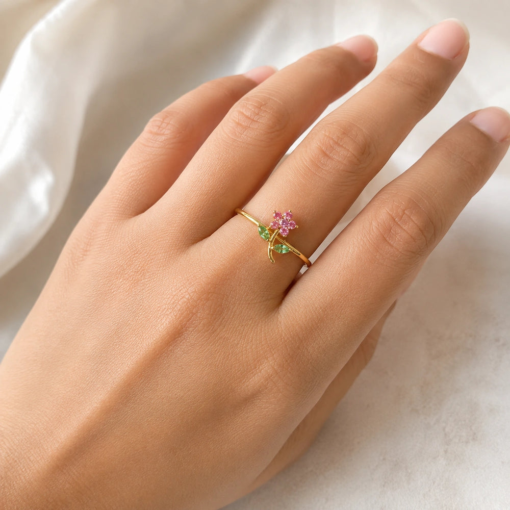 Pink Floral Adjustable Ring | Anti-Tarnish Gold Plated