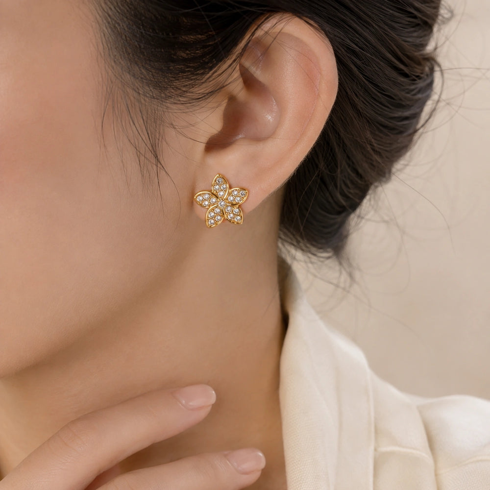 Crystal Blossom Floral Stud Earrings - Anti-Tarnish Gold-Plated