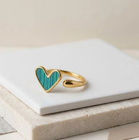 Green Malachite Heart Ring - Adjustable Gold Fashion Ring