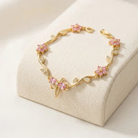 Pink Floral Bow Bracelet - Anti Tarnish Gold Plated