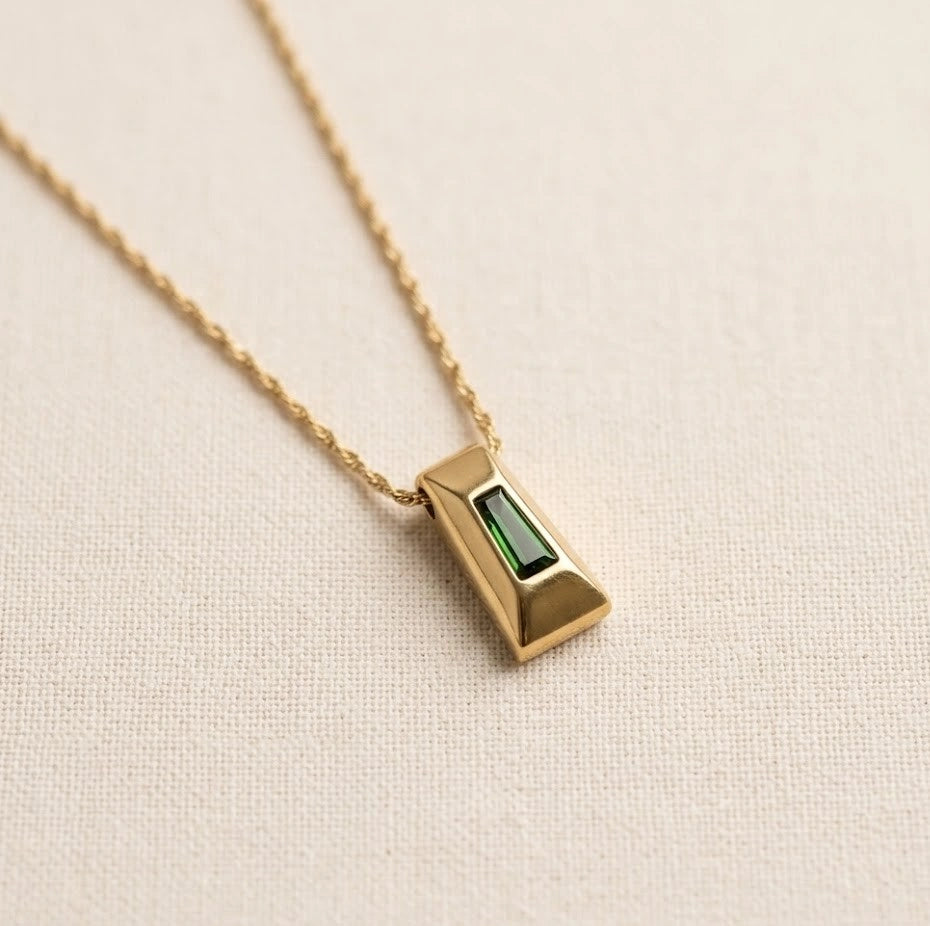 Geometric Green Stone Pendant Necklace | Anti-Tarnish Minimalist Chain