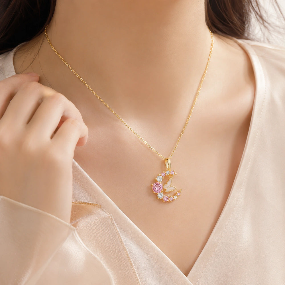 Crescent Moon & Butterfly Pendant Necklace - Anti Tarnish Gold Plated