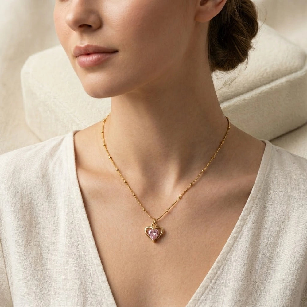 Pink Heart Pendant Necklace - Anti-Tarnish Gold Plated