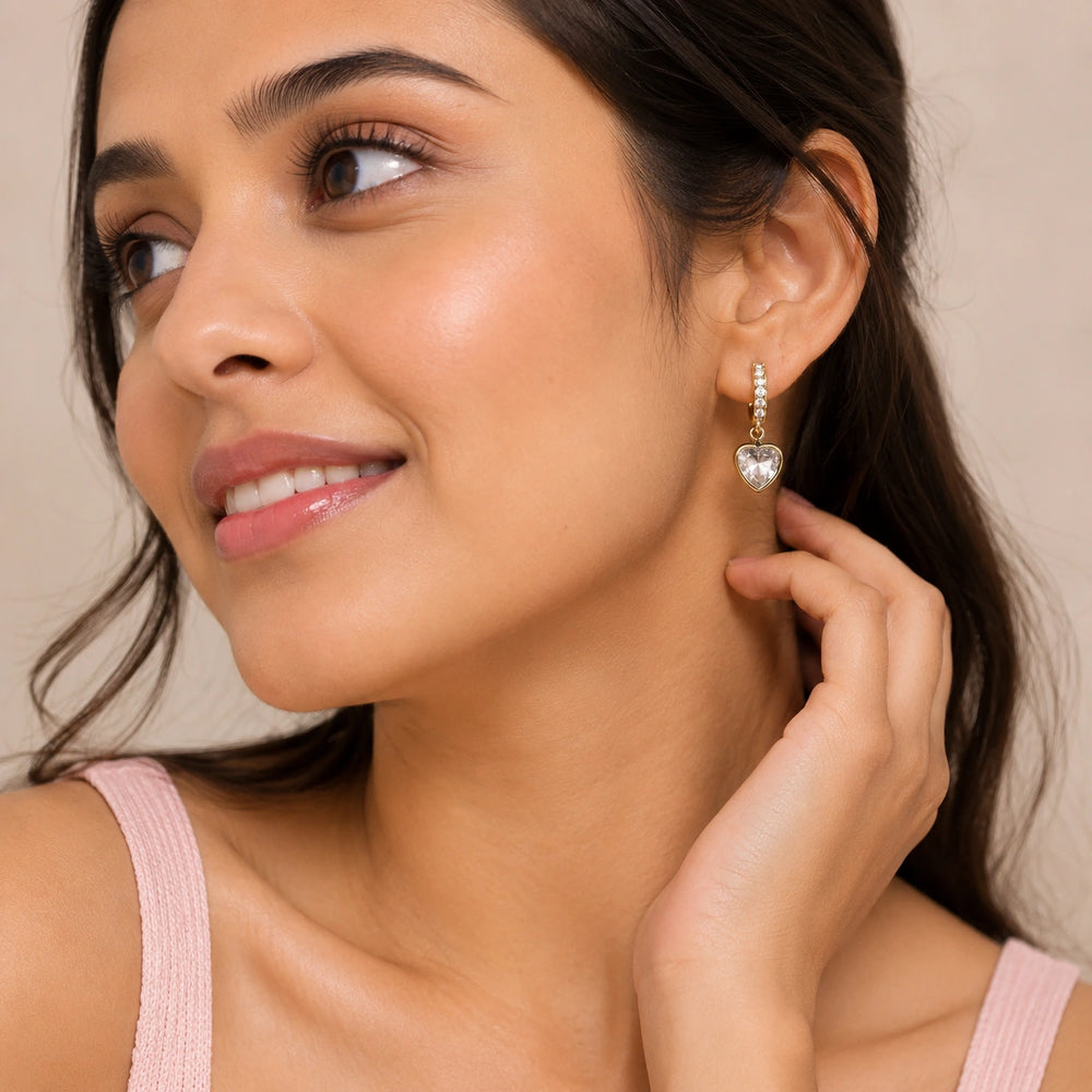 Crystal Heart Drop Hoop Earrings - Anti Tarnish Gold Plated Korean Minimalist