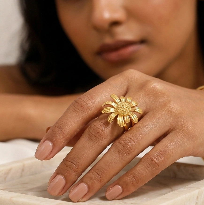 Daisy Flower Anti-Tarnish Gold Plated Ring for Women | Adjustable Floral Ring