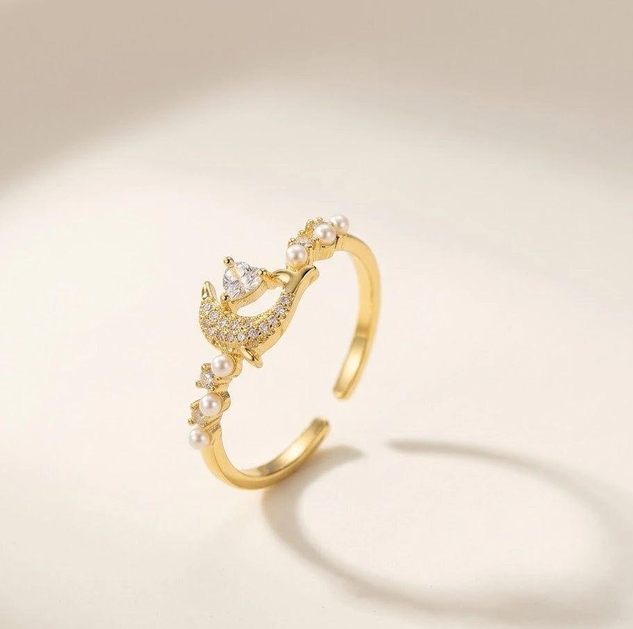 Celestial Moon & Heart Pearl Ring | High-Quality Korean Fashion Ring