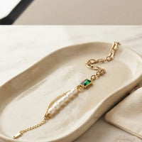 Emerald Green Stone & Pearl Gold-Plated Bracelet