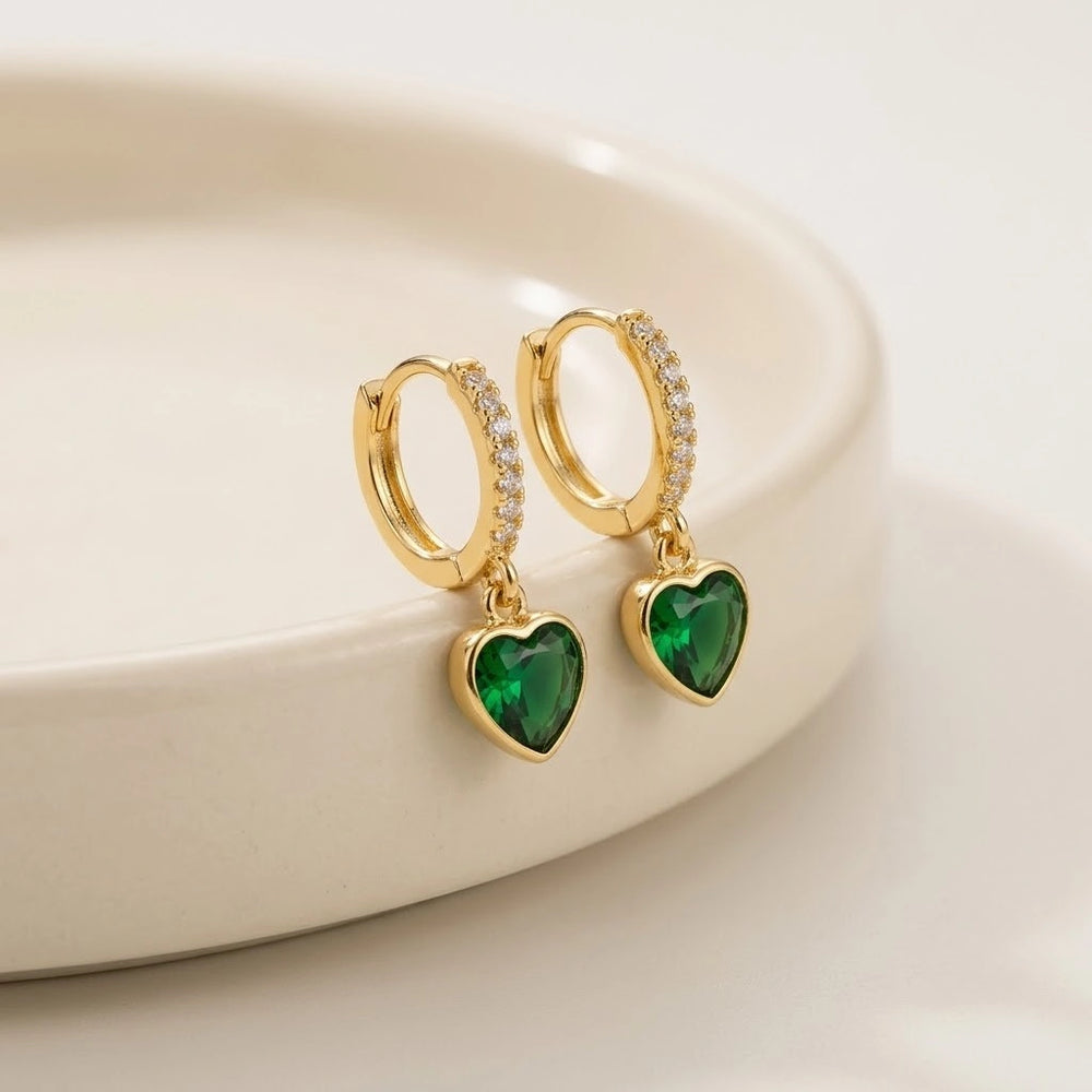 Green Heart Hoop Earrings - Anti Tarnish Gold Plated