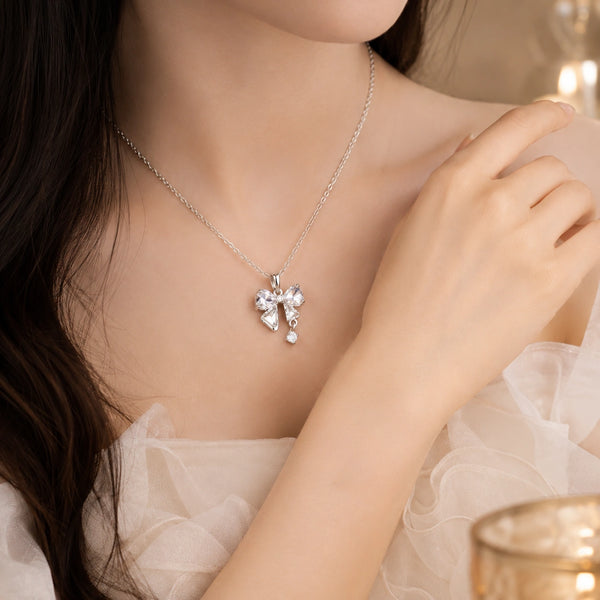 Anti-Tarnish Crystal Bow Necklace for Women | Dainty Minimalist Pendant