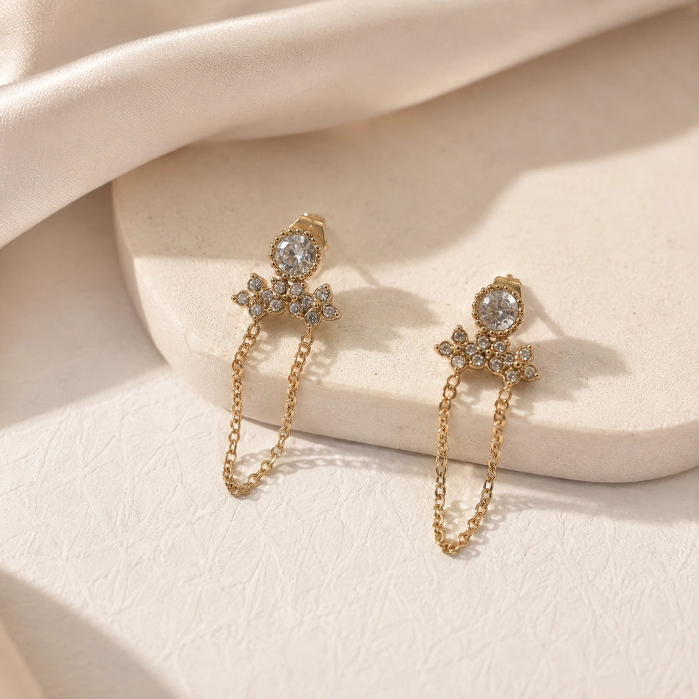 Crystal Chain Drop Earrings - Anti Tarnish Gold Plated