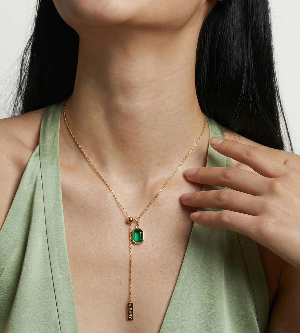 Emerald Green Gem Lariat Necklace - Anti-Tarnish Gold-Plated