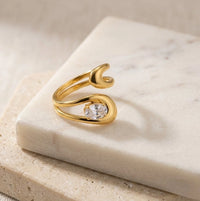 Crescent Moon & CZ Stone Adjustable Ring | Anti-Tarnish Gold Plated