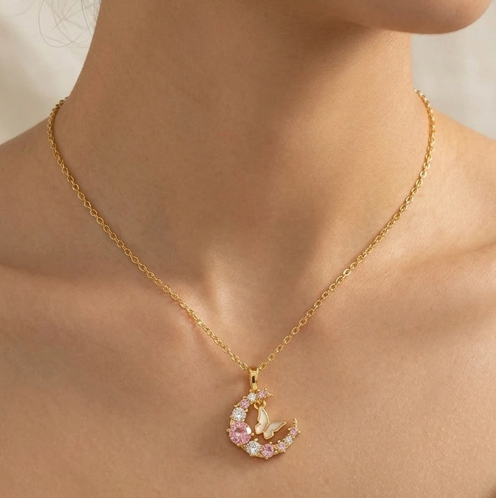 Moon & Butterfly Anti-Tarnish Gold Plated Necklace | Dainty Pink Stone Pendant