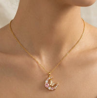 Moon & Butterfly Anti-Tarnish Gold Plated Necklace | Dainty Pink Stone Pendant