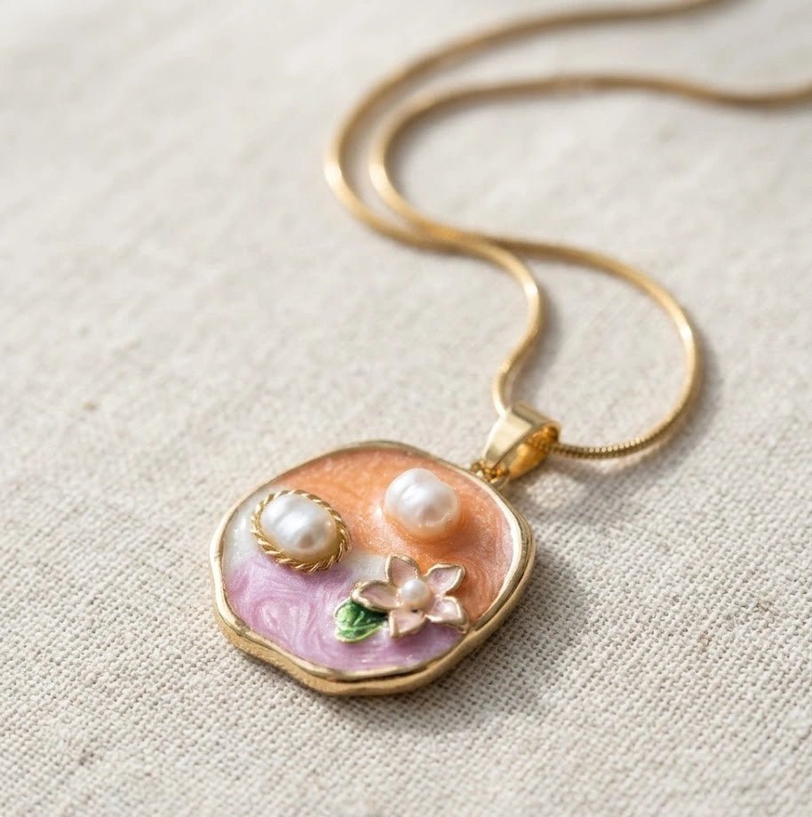 Floral Pearl Enamel Pendant Necklace - Anti-Tarnish Gold Plated