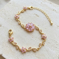 Tulip Pink Crystal Flower Vine Bracelet - Anti Tarnish Gold Plated