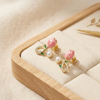 Pink Tulip & Pearl Floral Stud Earrings | Premium Korean Fashion Jewelry