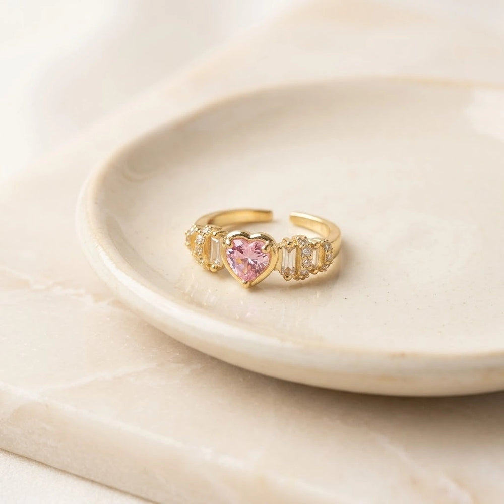 Pink Heart Crystal Adjustable Ring - Anti Tarnish Gold Plated