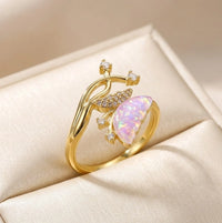 Anti-Tarnish Gold-Plated Butterfly Ring with Pink Opal Stone for Women