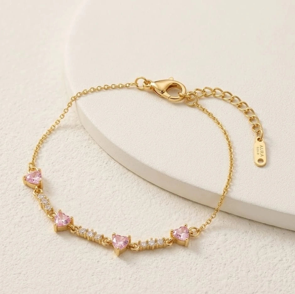 Pink Heart Charm Bracelet | Anti-Tarnish Gold-Plated Fashion Jewelry