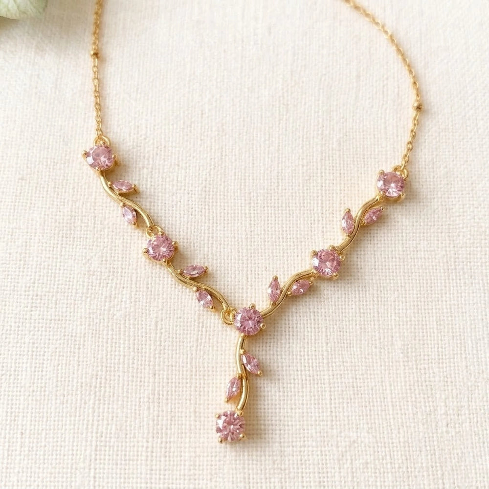 Pink Floral Drop Y-Necklace | Anti-Tarnish Gold Plated