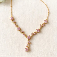 Pink Floral Drop Y-Necklace | Anti-Tarnish Gold Plated