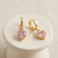 Pink Heart Drop Huggie Hoop Earrings - Anti Tarnish