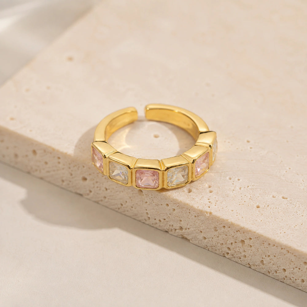 Pink & White Stone Adjustable Ring - Anti-Tarnish Gold Plated