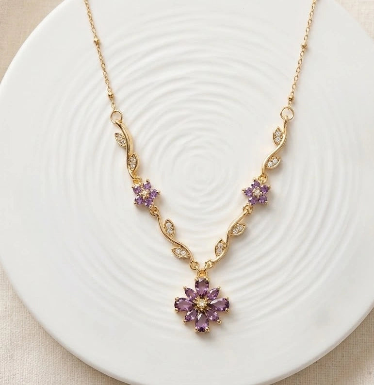Purple Floral Vine Anti-Tarnish Gold-Plated Necklace