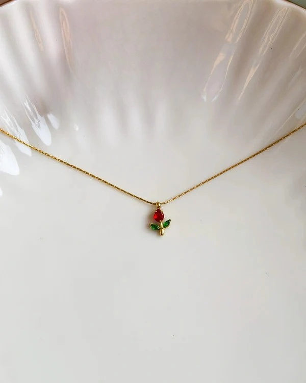 Dainty Red Rose Pendant Necklace - Anti Tarnish Gold Plated