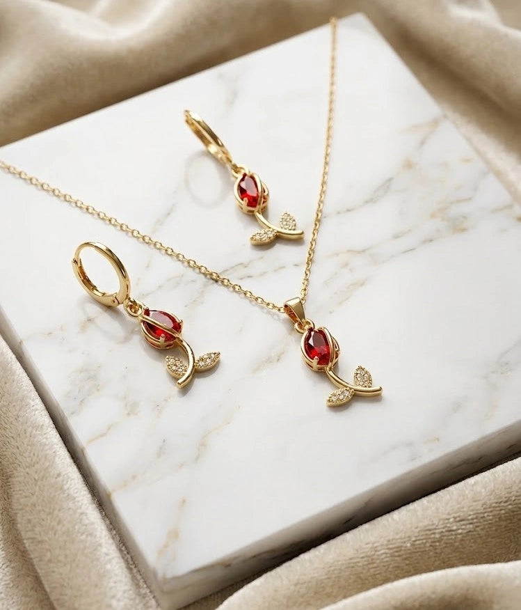 Red Tulip Necklace and Earring Set - Anti-Tarnish Floral Jewelry Combo